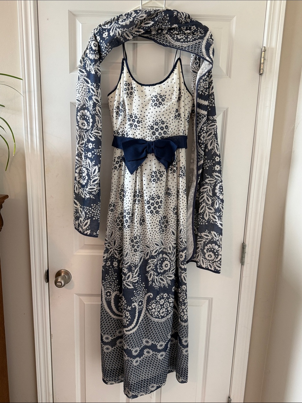 Miss Elliette Navy & White Floral Maxi with Navy Waist Bow Accent